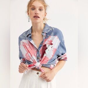 Free People We The Free Chasing Waves Chambray Button-down Top Size Small